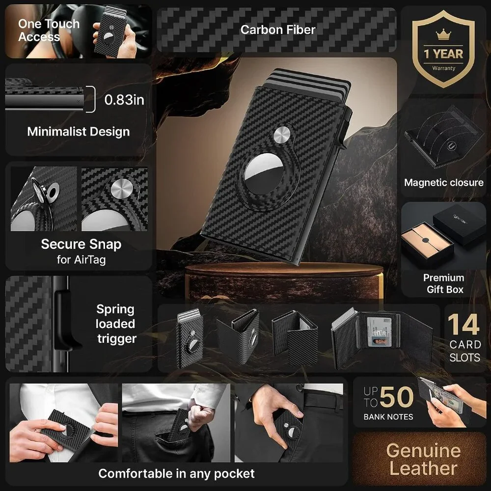Mens Smart Wallet Card Holder for AirTag: Leather, Compatible with Apple Air Tag